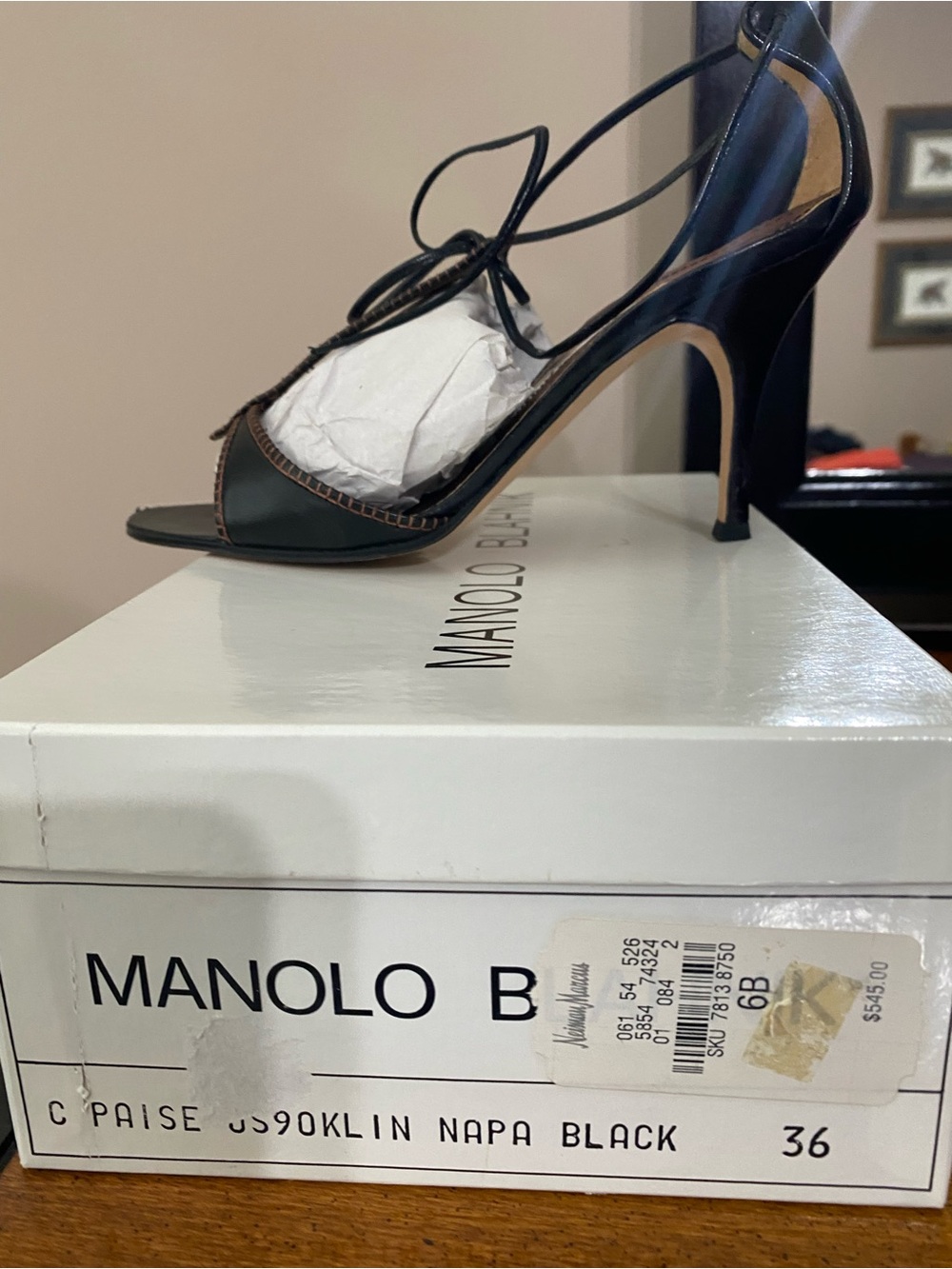 Manolo Blahnik Black Leather Open-Toe Ankle-Tie Heels